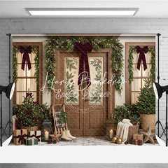 Lofaris Festive Winter Holiday Backdrop Decorated Wooden Door Christmas Garlands with Warm Lights Cozy Porch Decor