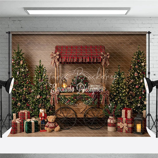Lofaris Festive Winter Pine and Warm Lights Holiday Backdrop Rustic Wood Red Gold Ornament Decor Happy Holidays Party Banner