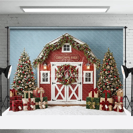 Lofaris Festive Winter Pine Tree and Cozy Fireplace Holiday Backdrop Red Gold Ornaments Room Decor for Family Portraits