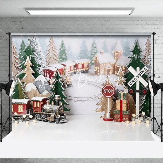Lofaris Festive Winter Village Holiday Backdrop with Miniature Train Snow Covered Trees and Gift Boxes