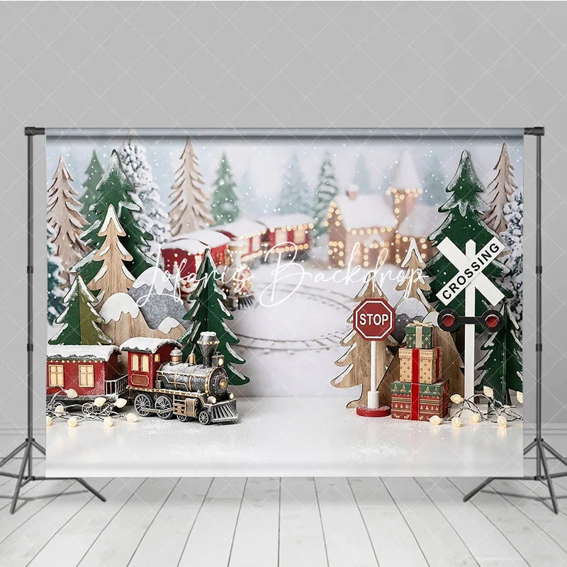 Lofaris Festive Winter Village Holiday Backdrop with Miniature Train Snow Covered Trees and Gift Boxes