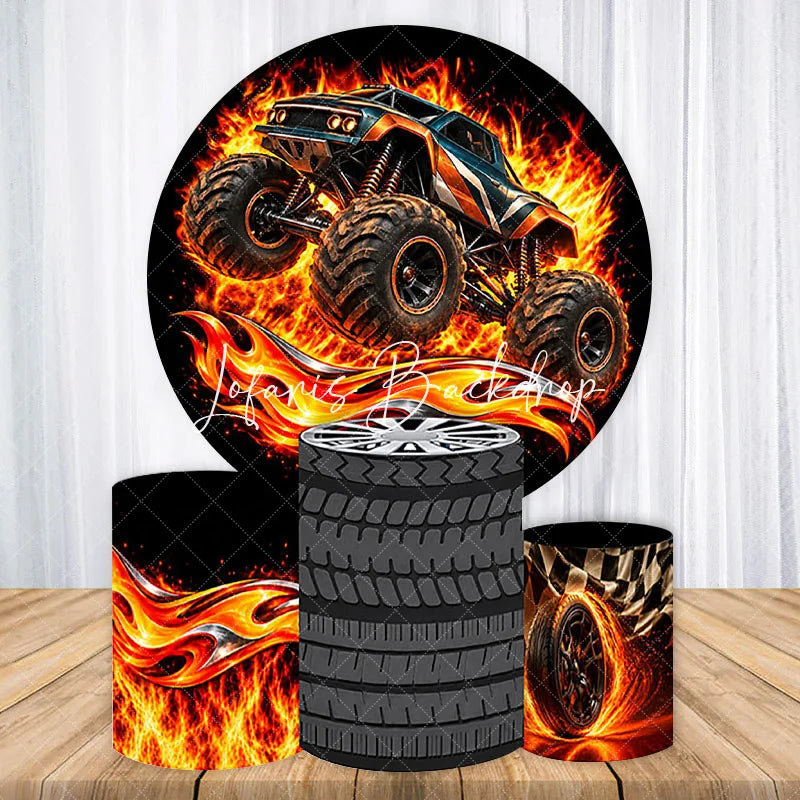 Lofaris Fiery Monster Truck Racing Tire and Checkered Flag Round Backdrop Kit Thrilling Birthday Party Decor