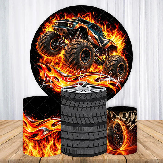 Lofaris Fiery Monster Truck Racing Tire and Checkered Flag Round Backdrop Kit Thrilling Birthday Party Decor
