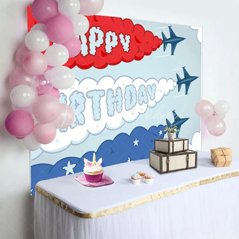 Lofaris Fighter Jet Birthday Backdrop Airplane Smoke Trail Text Sky Pilot Theme Party Supplies for Boy