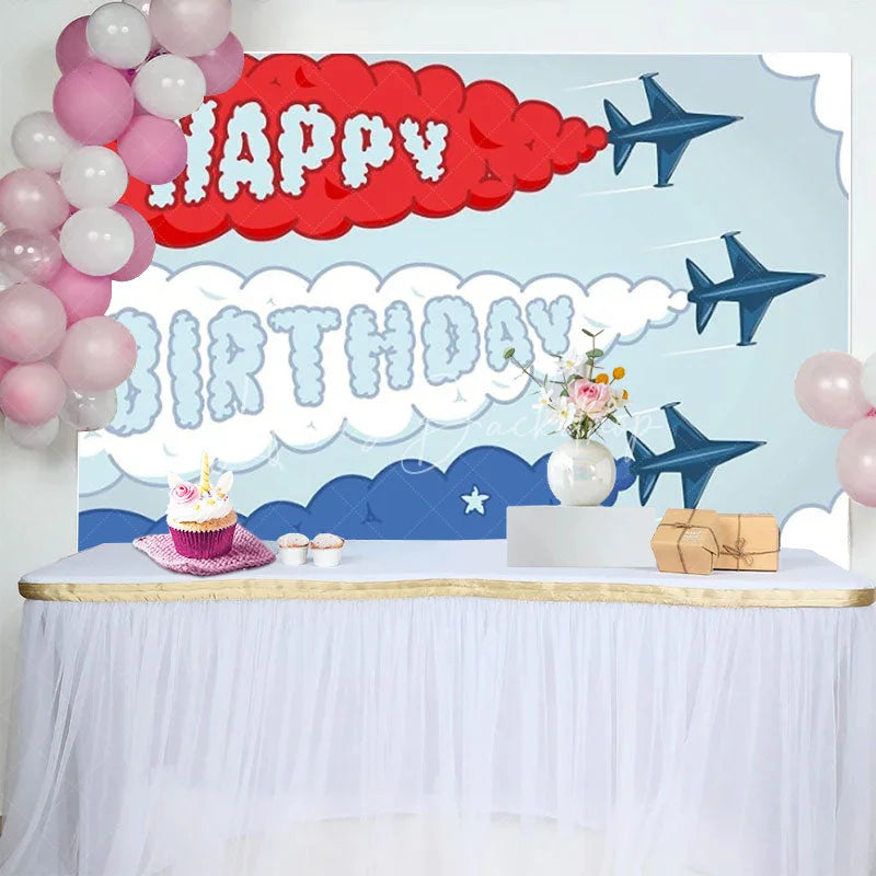 Lofaris Fighter Jet Birthday Backdrop Airplane Smoke Trail Text Sky Pilot Theme Party Supplies for Boy