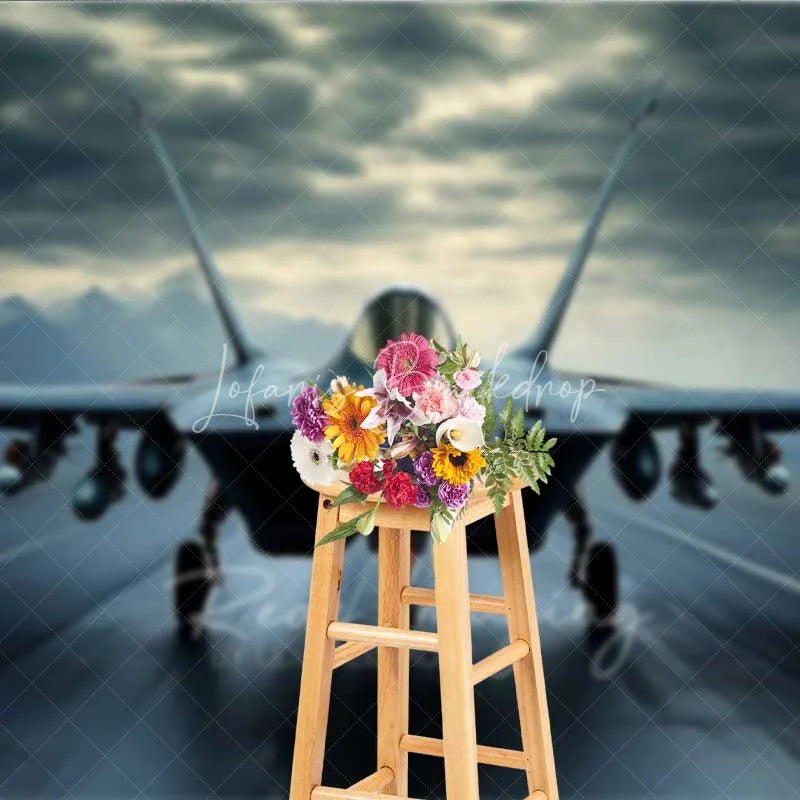 Lofaris Fighter Jet Military Backdrop Cool Air Force Plane Runway Photography Background Stormy Sky Pilot Photo Prop