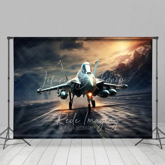 Lofaris Fighter Jet on Runway Backdrop Mountain Sunset Aviation Photography Background for Military Party Decor