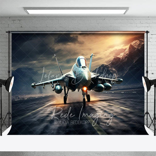 Lofaris Fighter Jet on Runway Backdrop Mountain Sunset Aviation Photography Background for Military Party Decor