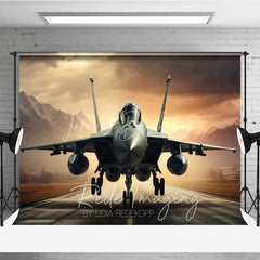 Lofaris Fighter Jet Runway Photography Backdrop Military Aircraft Mountain Sunset Background Cool Air Force Photo Prop