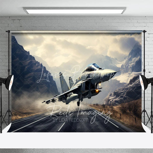 Lofaris Fighter Jet Taking Off over Mountain Road Backdrop Supersonic Aviation Photography Background