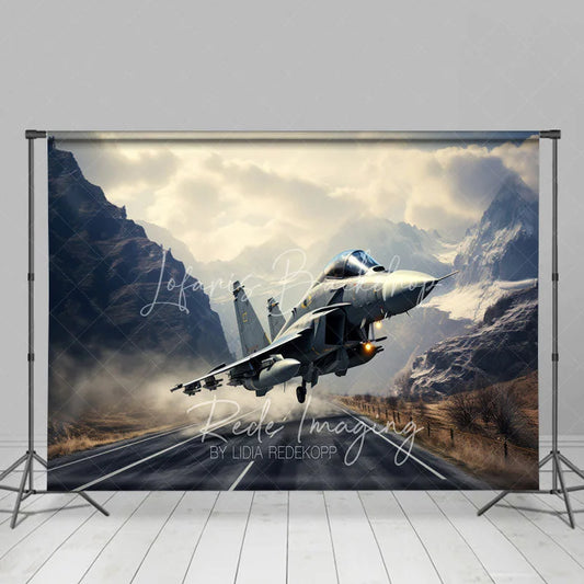 Lofaris Fighter Jet Taking Off over Mountain Road Backdrop Supersonic Aviation Photography Background