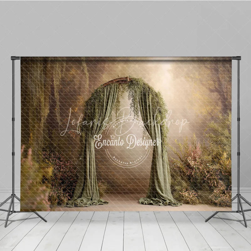 Lofaris Fine Art Backdrop Enchanted Forest Arch with Green Drapes Magical Woodland Photography Prop