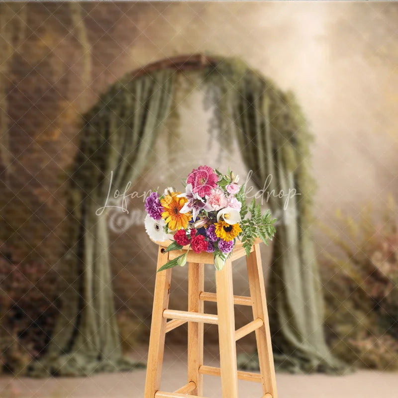 Lofaris Fine Art Backdrop Enchanted Forest Arch with Green Drapes Magical Woodland Photography Prop