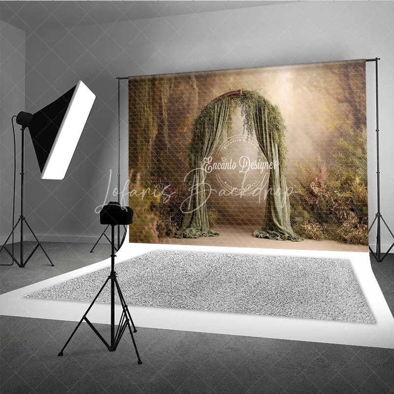 Lofaris Fine Art Backdrop Enchanted Forest Arch with Green Drapes Magical Woodland Photography Prop