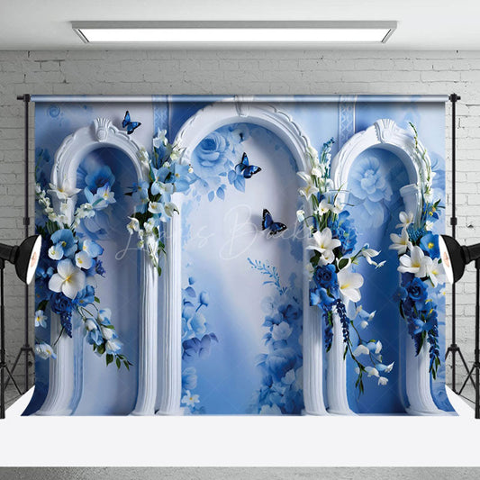 Lofaris Fine Art Blue White Wall Floral Butterfly Backdrop