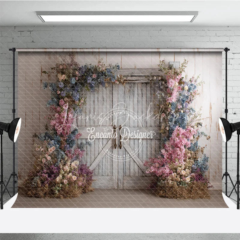 Lofaris Fine Art Floral Barn Door Photography Backdrop Rustic Wood Doors with Spring Flowers Painterly Photo Background