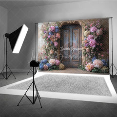 Lofaris Fine Art Floral Door Photography Backdrop Rustic Wood with Colorful Flowers Painterly Photo Background