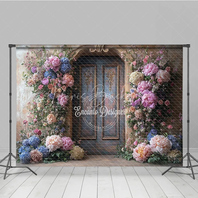 Lofaris Fine Art Floral Door Photography Backdrop Rustic Wood with Colorful Flowers Painterly Photo Background