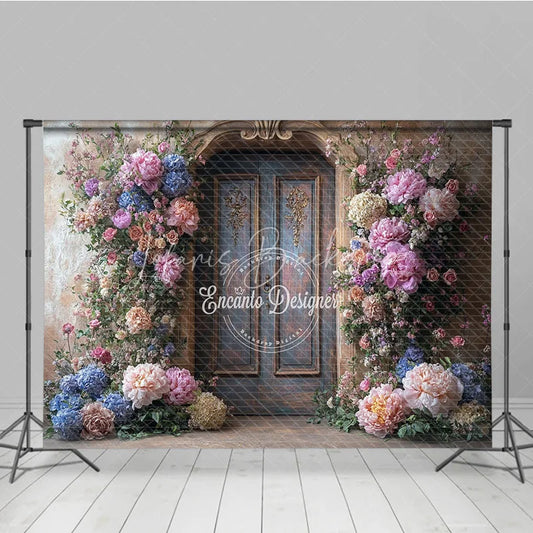Lofaris Fine Art Floral Door Photography Backdrop Rustic Wood with Colorful Flowers Painterly Photo Background