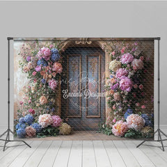 Lofaris Fine Art Floral Door Photography Backdrop Rustic Wood with Colorful Flowers Painterly Photo Background