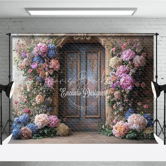 Lofaris Fine Art Floral Door Photography Backdrop Rustic Wood with Colorful Flowers Painterly Photo Background