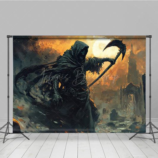 Lofaris Fine Art Grim Reaper Photography Backdrop Fiery Graveyard Scene for Halloween Dark Fantasy Themed Portraits