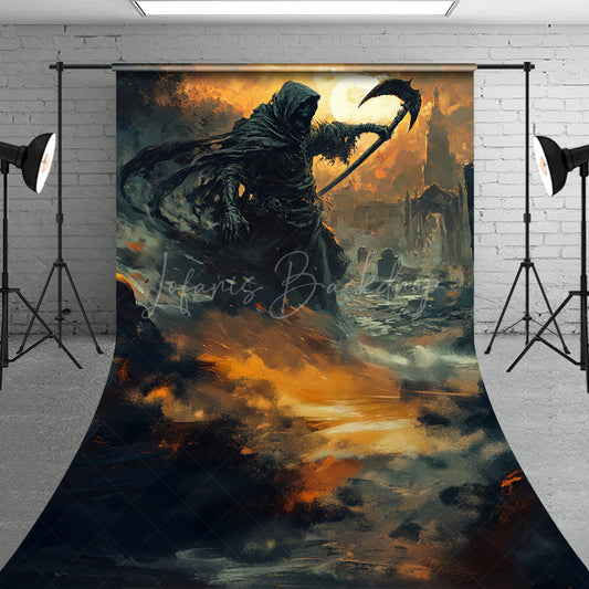 Lofaris Fine Art Grim Reaper Sweep Backdrop Fiery Graveyard Scene for Halloween Dark Fantasy Themed Portraits