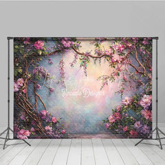 Lofaris Fine Art Photography Backdrop Enchanted Garden with Pink Flowers and Vines Painterly Magical Forest Background