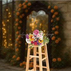 Lofaris Fine Art Photography Backdrop with Ornate Mirror Orange Roses and Bokeh Lights Romantic Moody Wedding Photo Booth