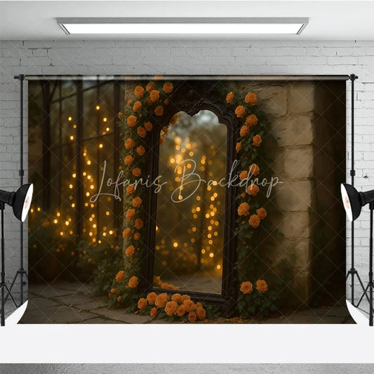 Lofaris Fine Art Photography Backdrop with Ornate Mirror Orange Roses and Bokeh Lights Romantic Moody Wedding Photo Booth