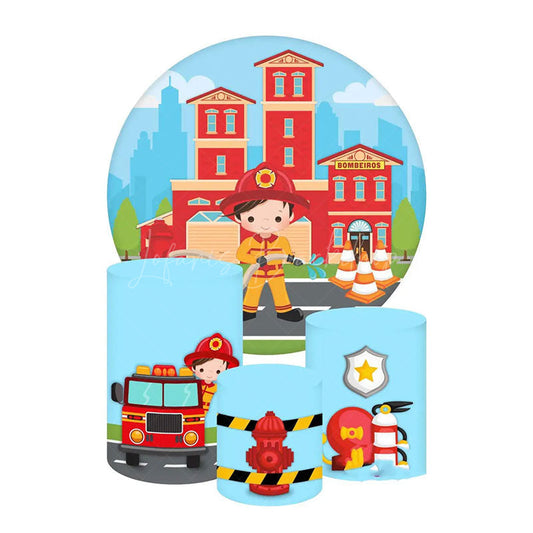 Lofaris Firefighter Birthday Round Backdrop Kit Fire Station and Truck Theme Boys Future Fireman Party Photo Prop