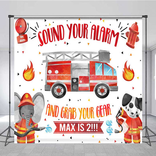 Lofaris Firefighter Second Birthday Backdrop Sound Your Alarm Fire Truck Banner Custom Name Little Fireman is 2 Party Decor