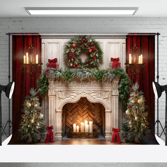 Lofaris Fireplace Scene Garland Trees Candles Gifts Backdrop