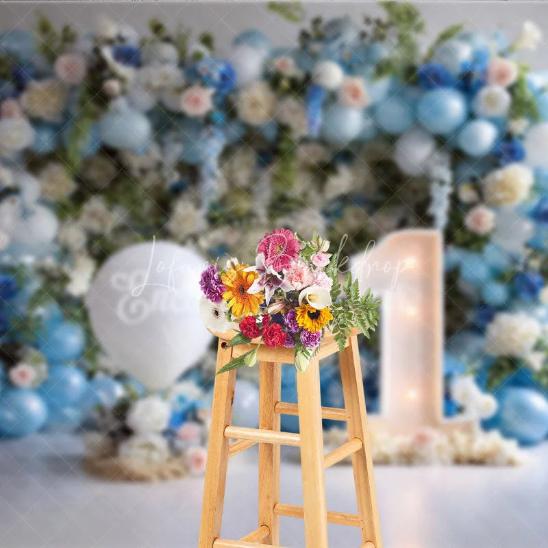 Lofaris First Birthday Cake Smash Backdrop Blue Balloons and White Floral One Year Old Boy Party Banner