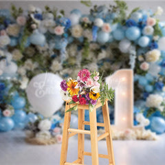 Lofaris First Birthday Cake Smash Backdrop Blue Balloons and White Floral One Year Old Boy Party Banner