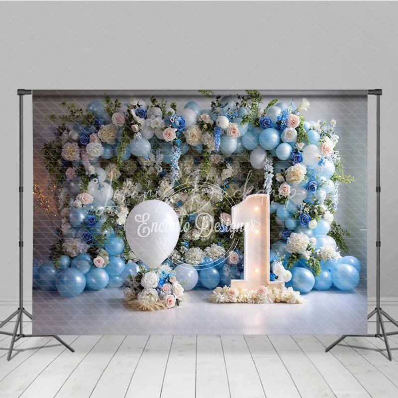 Lofaris First Birthday Cake Smash Backdrop Blue Balloons and White Floral One Year Old Boy Party Banner