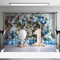 Lofaris First Birthday Cake Smash Backdrop Blue Balloons and White Floral One Year Old Boy Party Banner