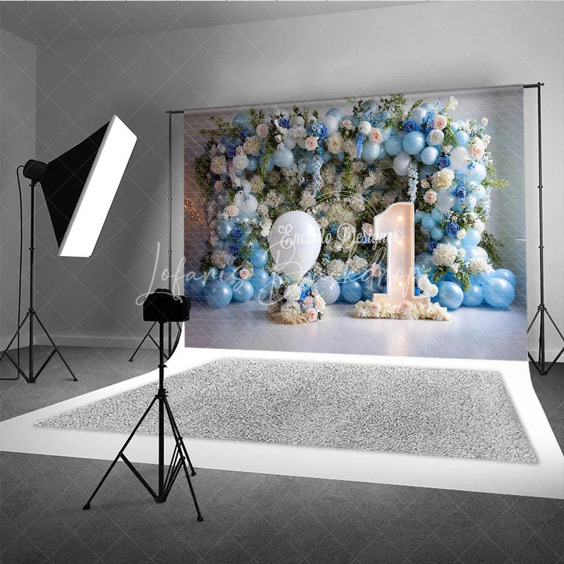 Lofaris First Birthday Cake Smash Backdrop Blue Balloons and White Floral One Year Old Boy Party Banner