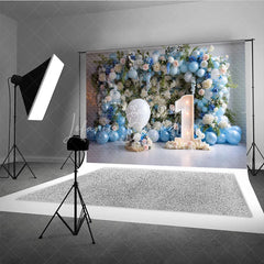 Lofaris First Birthday Cake Smash Backdrop Blue Balloons and White Floral One Year Old Boy Party Banner