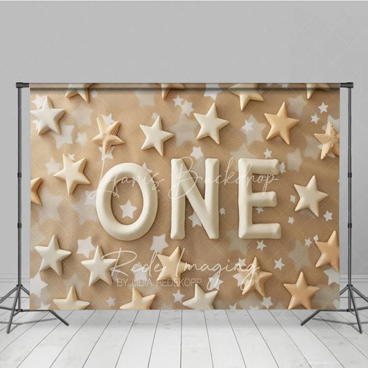 Lofaris First Birthday ONE Photography Backdrop Neutral Tan and Cream Stars Photo Background