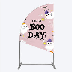 Lofaris First Boo Day Halloween Half Moon Arch Backdrop for Birthday Cute Ghost and Pumpkin Spooky Themed Party Photo Prop