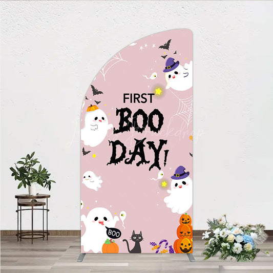 Lofaris First Boo Day Halloween Half Moon Arch Backdrop for Birthday Cute Ghost and Pumpkin Spooky Themed Party Photo Prop