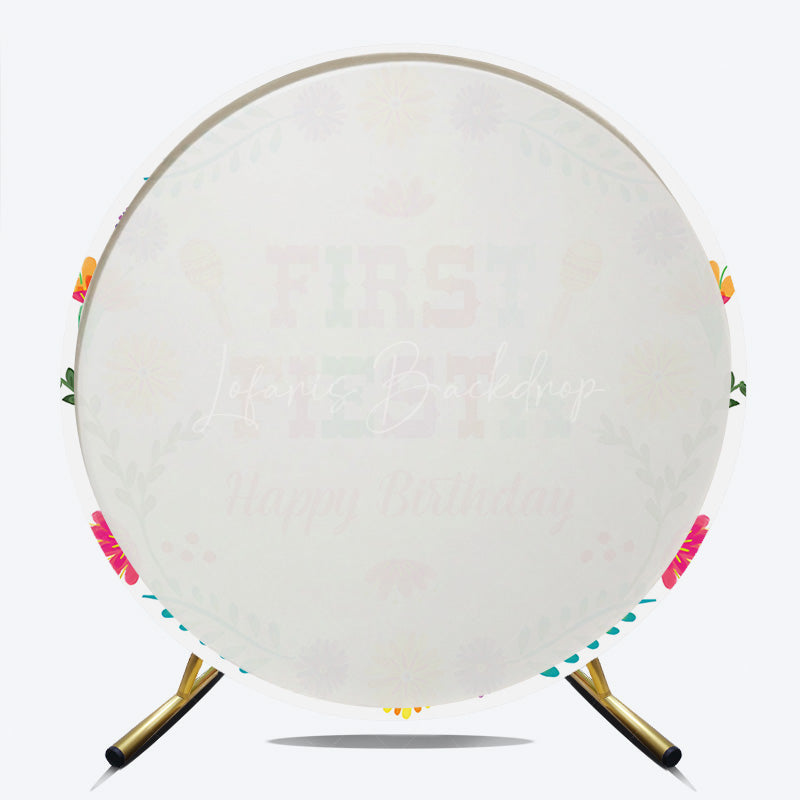 Lofaris First Fiesta Happy Birthday Round Backdrop Colorful Mexican Themed Party Girls Uno Inspired Decor