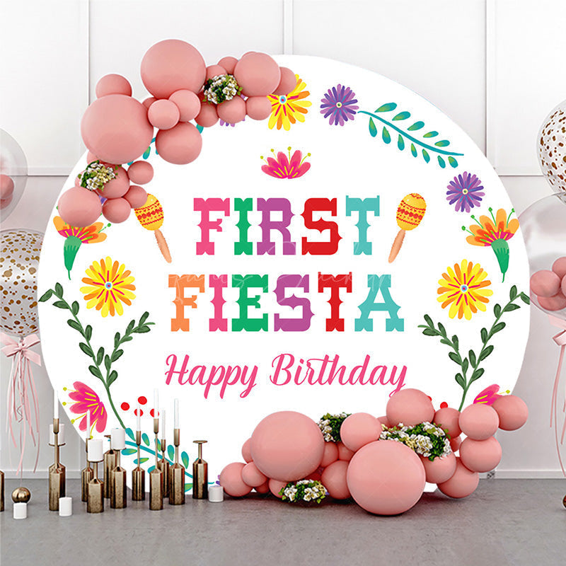 Lofaris First Fiesta Happy Birthday Round Backdrop Colorful Mexican Themed Party Girls Uno Inspired Decor