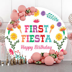 Lofaris First Fiesta Happy Birthday Round Backdrop Colorful Mexican Themed Party Girls Uno Inspired Decor