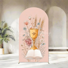 Lofaris First Holy Communion Arch Backdrop Religious Stained Glass Golden Chalice and Grapes Party Decor