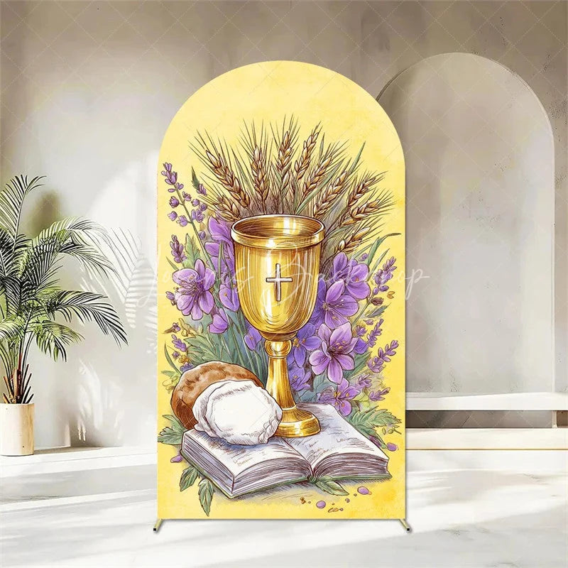 Lofaris First Holy Communion Arch Backdrop Religious Stained Glass Golden Chalice and Grapes Party Decor