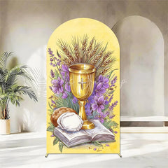 Lofaris First Holy Communion Arch Backdrop Religious Stained Glass Golden Chalice and Grapes Party Decor
