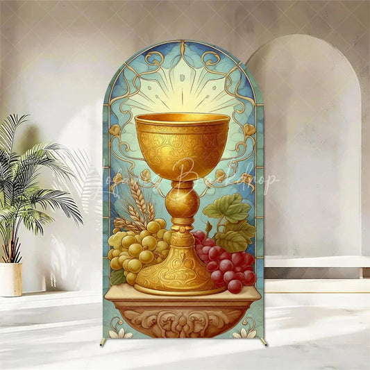 Lofaris First Holy Communion Arch Backdrop Religious Stained Glass Golden Chalice and Grapes Party Decor