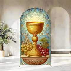 Lofaris First Holy Communion Arch Backdrop Religious Stained Glass Golden Chalice and Grapes Party Decor